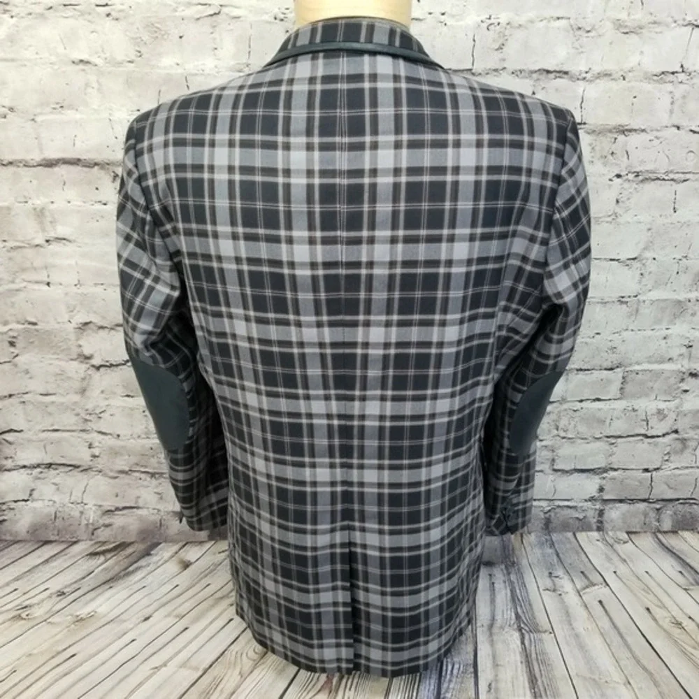 Lanzino Mens Plaid Blazer Navy Gray Elbow Patches Trim Two Button XL Windowpane‎